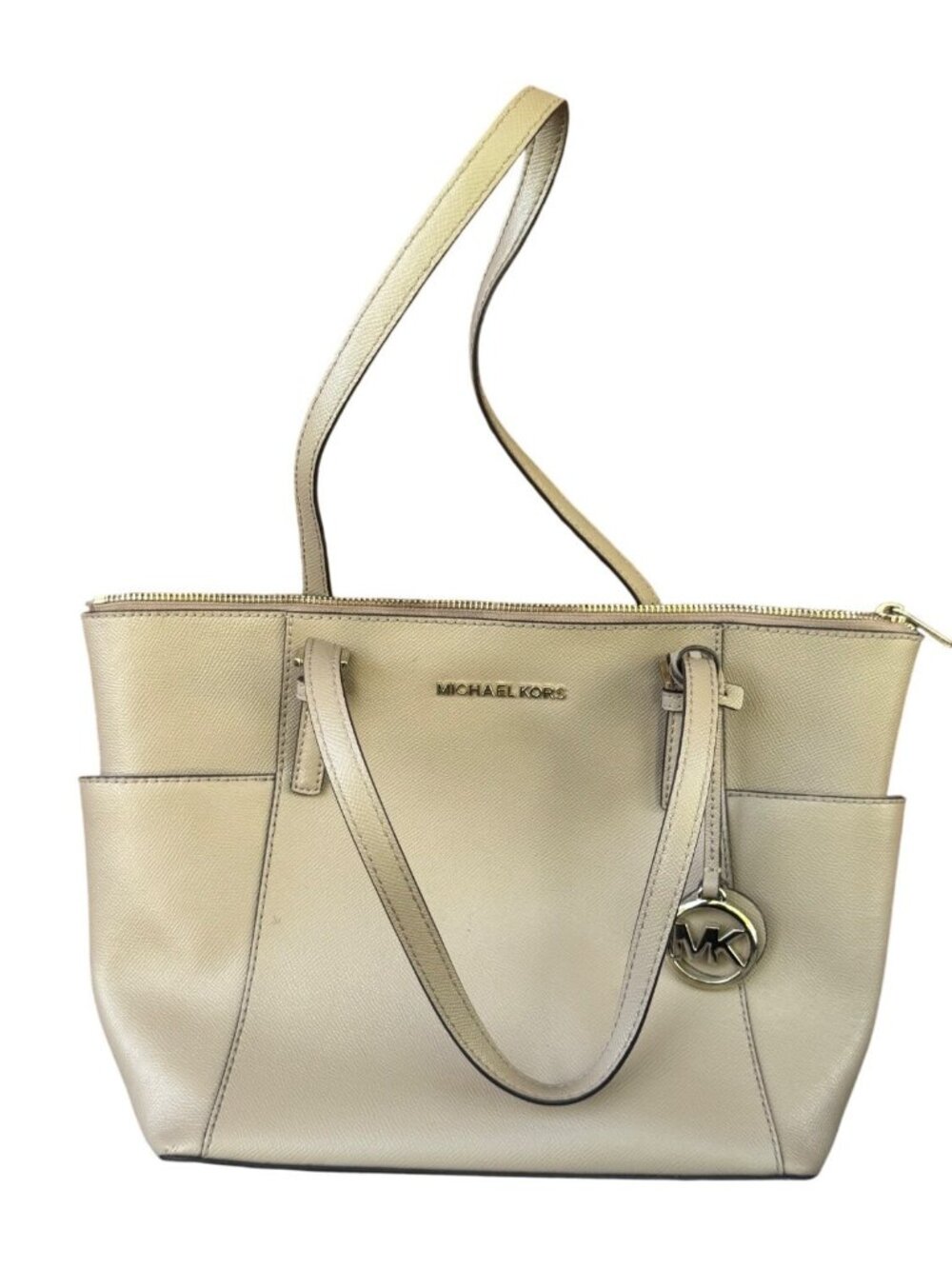 Michael Kors Jet Set EW Leather Tote Bag Beige Gold Hardware MK Charm Large